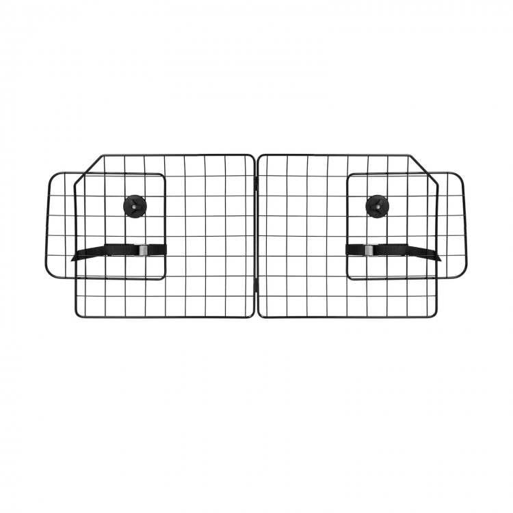 Folding pet divider gate for SUV with adjustable design, heavy-duty metal frame, and two straps for secure installation.