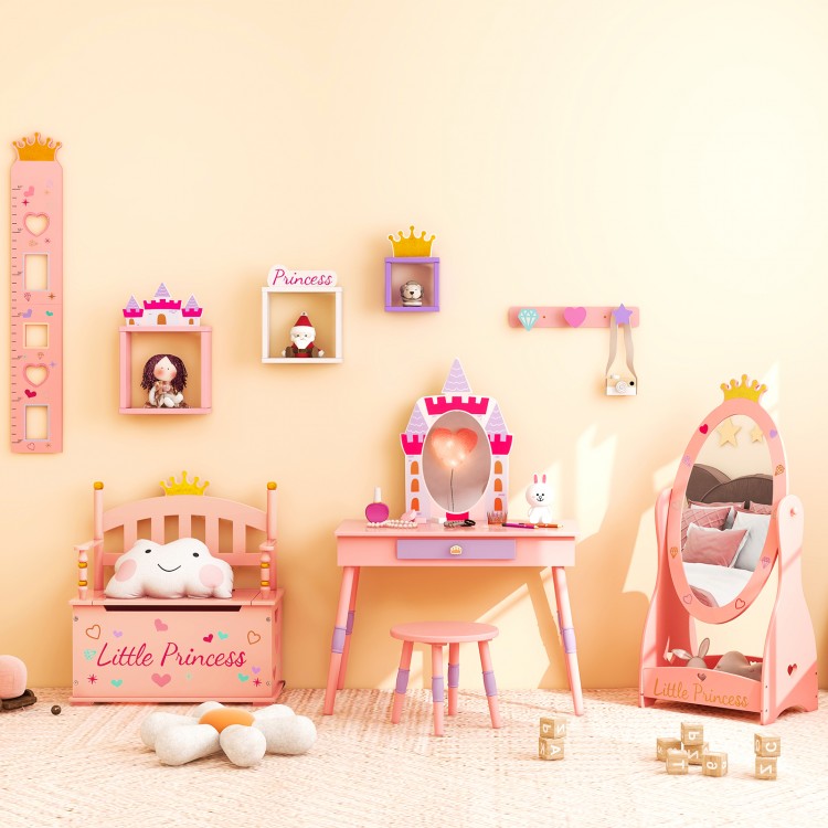 Kids princess vanity table and stool set in pink with a mirror, drawer, and castle theme, perfect for ages 3+.