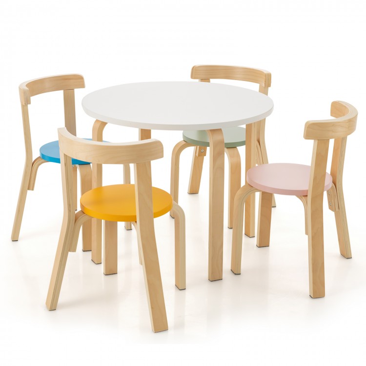 Round kids' activity table with four multi-color chairs made of poplar and birch wood, suitable for ages 4+.