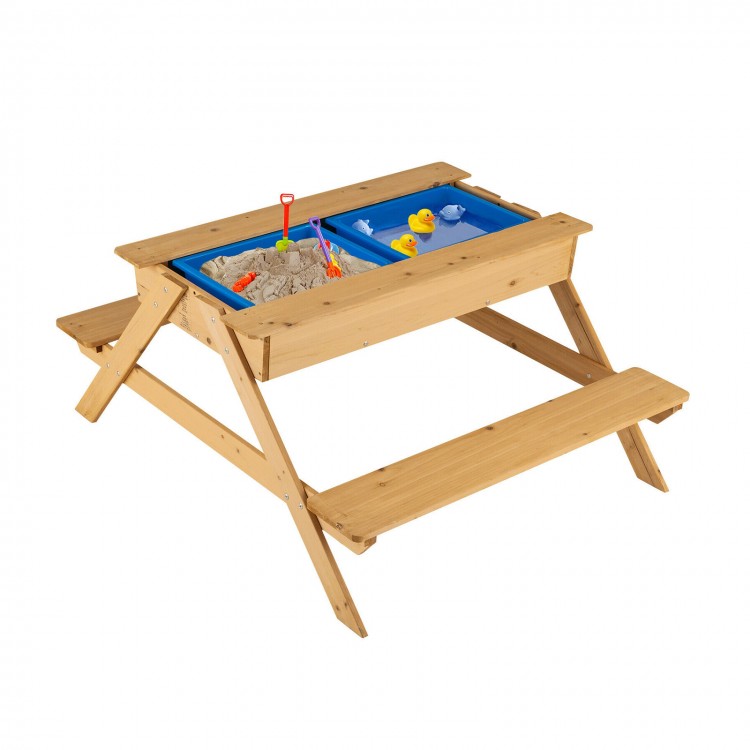 Kids picnic table with detachable water and sand play boxes, made of fir wood, ideal for outdoor fun and playtime.