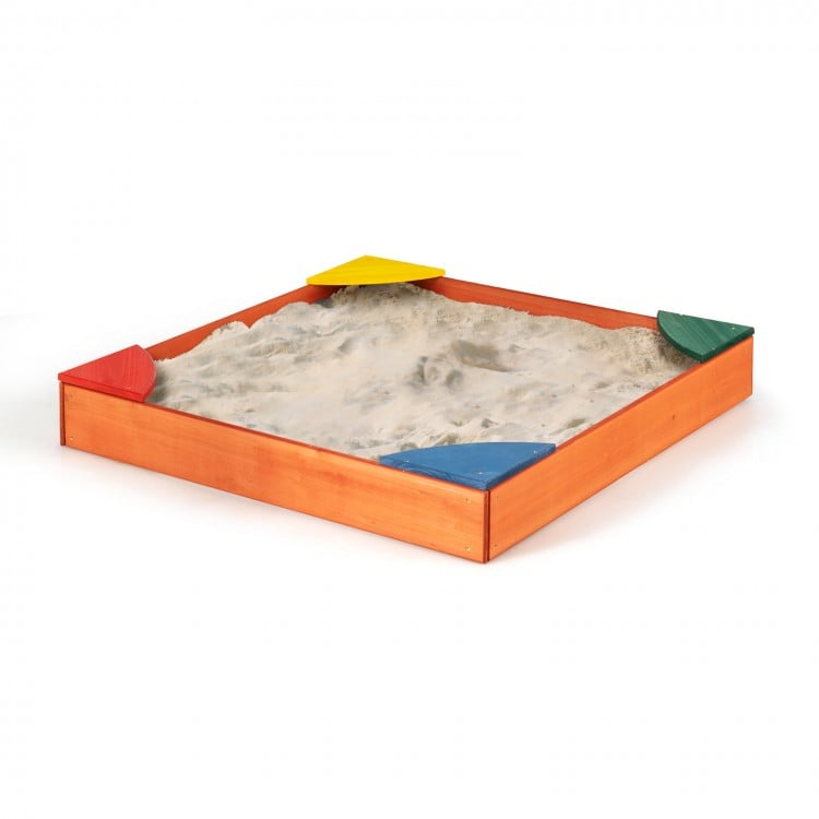 Kids outdoor wooden sandbox with built-in corner seating, made of cedar and pine, perfect for backyard play.