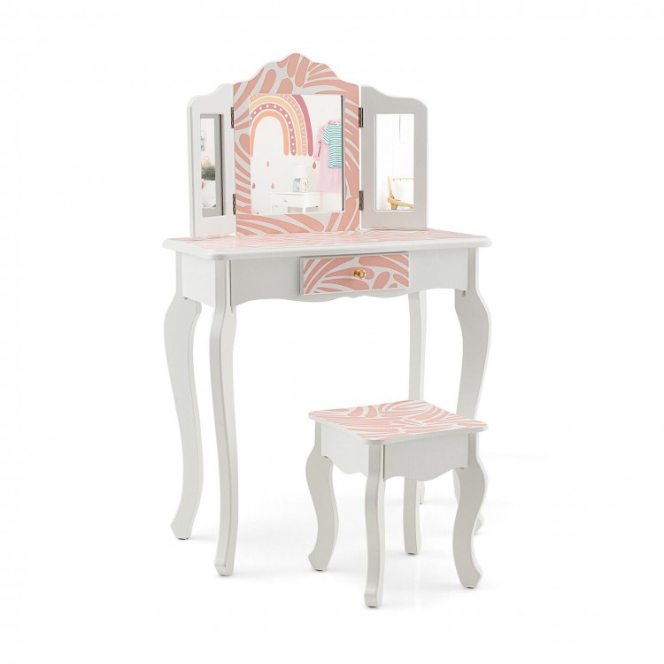 Kids vanity table set in white and pink with a tri-folding mirror, perfect for dressing or writing, featuring a large.
