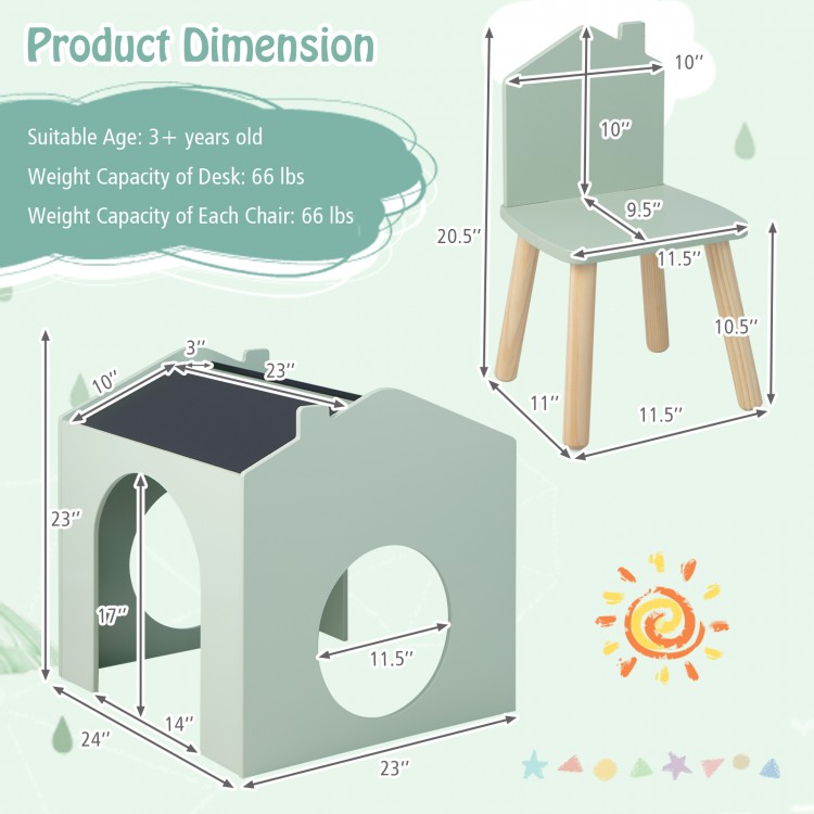 Kids table and chair set in green with slant tabletop, ergonomic design, and chalkboard for creative play.
