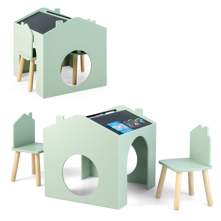 Green wooden kids table and chair set with chalkboard top, cute house shape, and ergonomic design for playroom use.