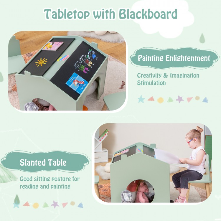 Kids' table and chair set in green with slanted tabletop and chalkboard for creativity and ergonomic sitting.