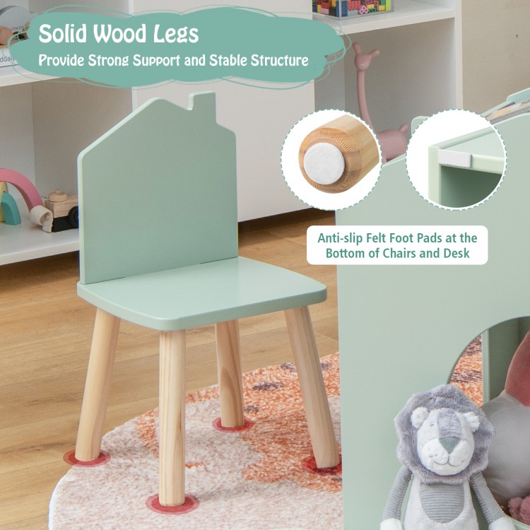 Green kids' chair with solid wood legs and anti-slip felt pads, designed for comfort and stability in playrooms.