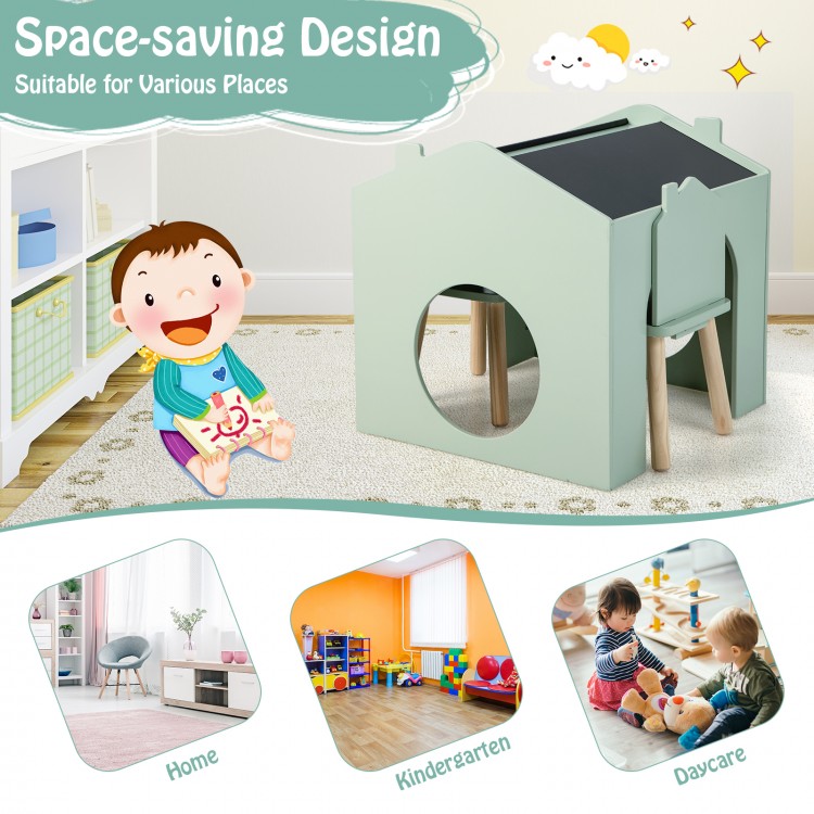 Wooden kids table and chair set in green with slant tabletop and chalkboard, perfect for playrooms and daycare.