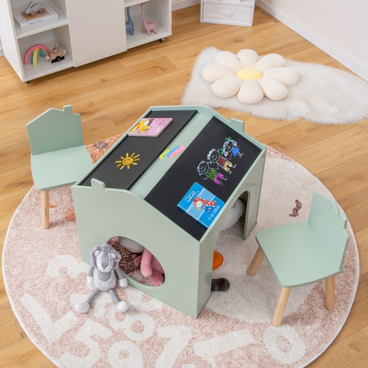 Kids' green wooden table and chair set with chalkboard surface, perfect for playrooms and encouraging creativity.