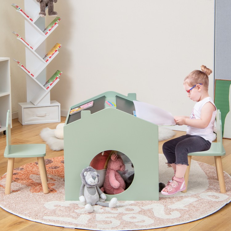 Kids' green wooden table and chair set with slant tabletop, chalkboard, and ergonomic design for playroom use.