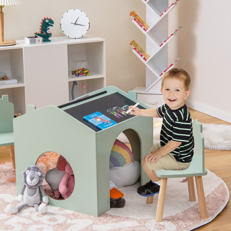 Kids' green wooden table and chair set with chalkboard, perfect for playrooms and promoting creativity and good sitting.