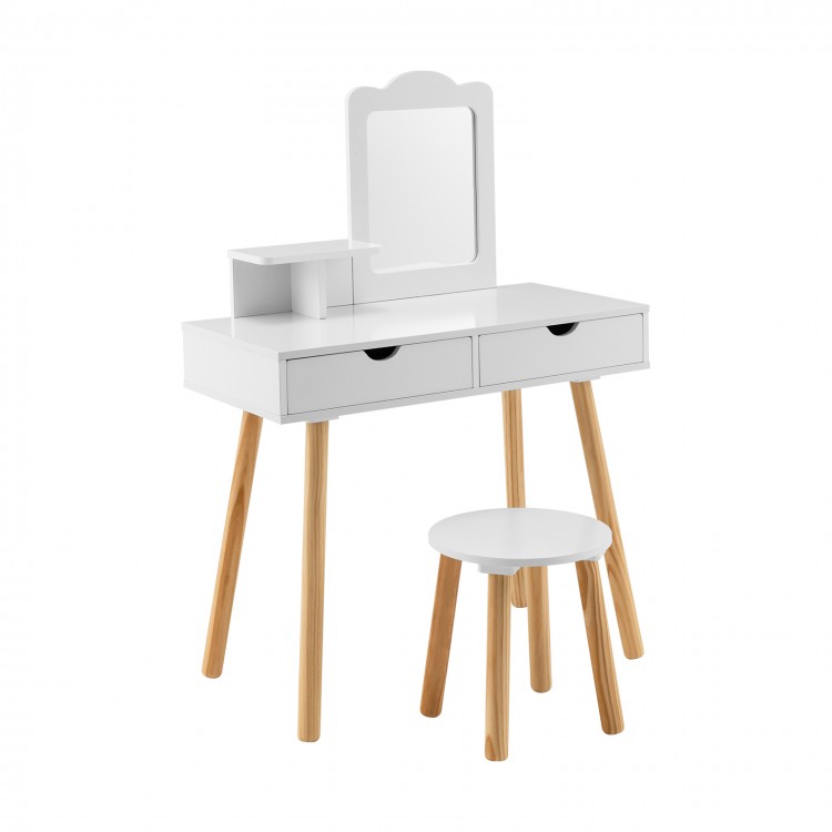 Kid vanity table and chair set in white with mirror, featuring two large storage drawers for versatile use.