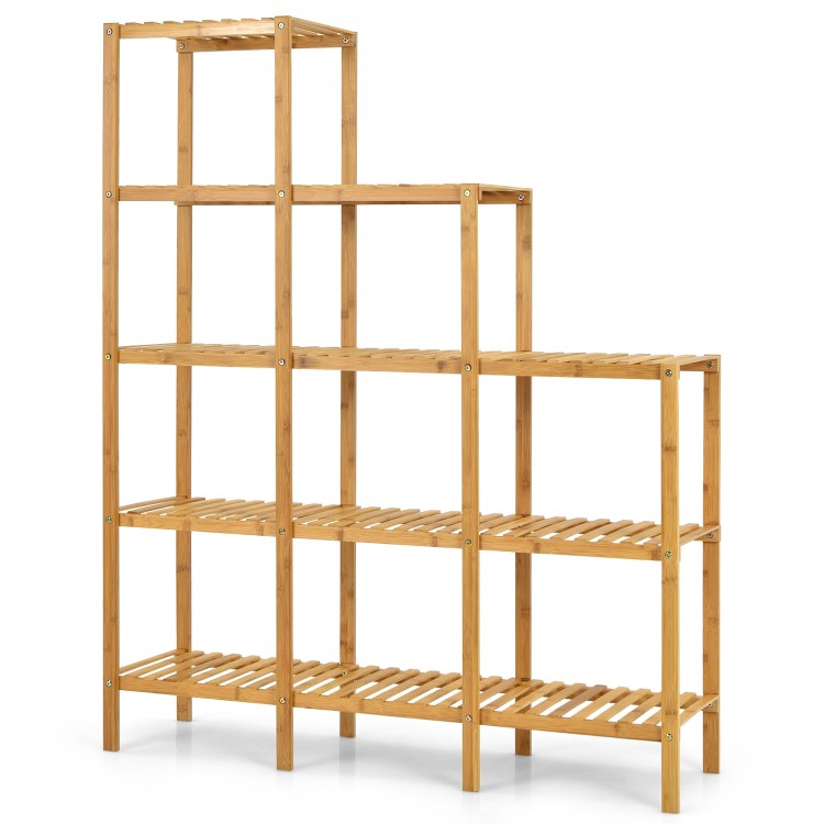 Multifunctional bamboo plant shelf display organizer with 5-tier design, perfect for living room or balcony storage.