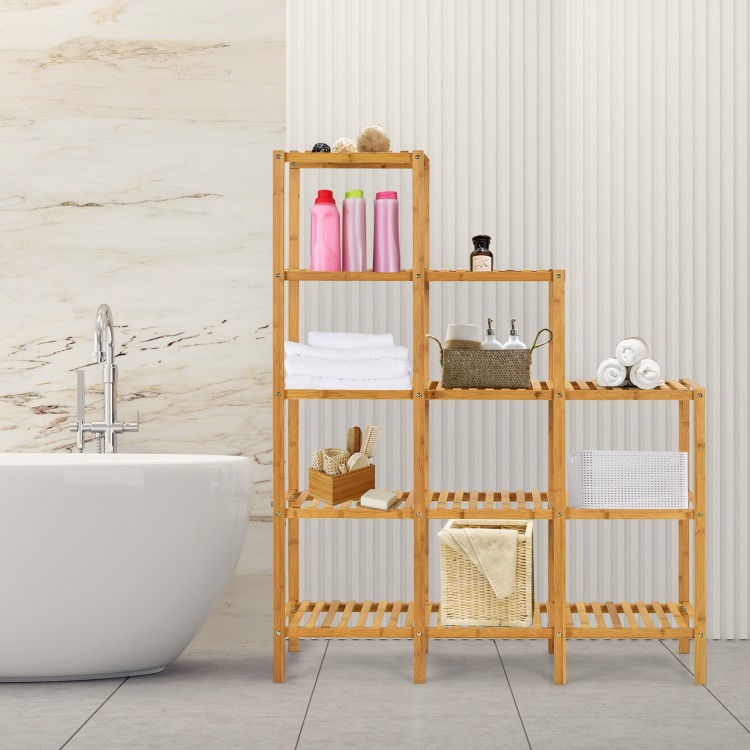 Multifunctional bamboo plant shelf organizer with 5 tiers, ideal for bathroom storage and display of essentials.