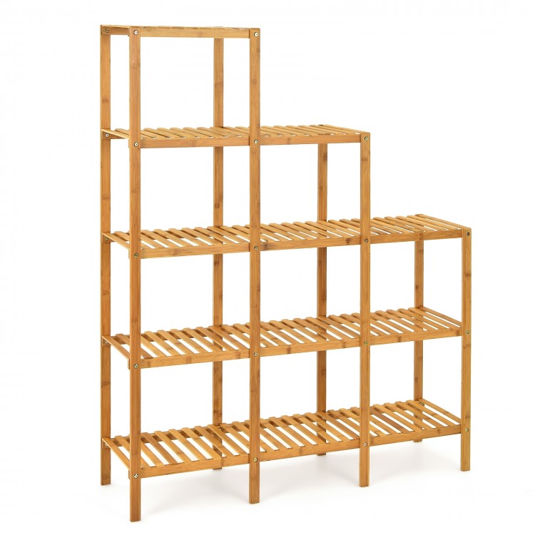 Multifunctional bamboo plant shelf organizer with 5-tier design, perfect for storage in living room or balcony.
