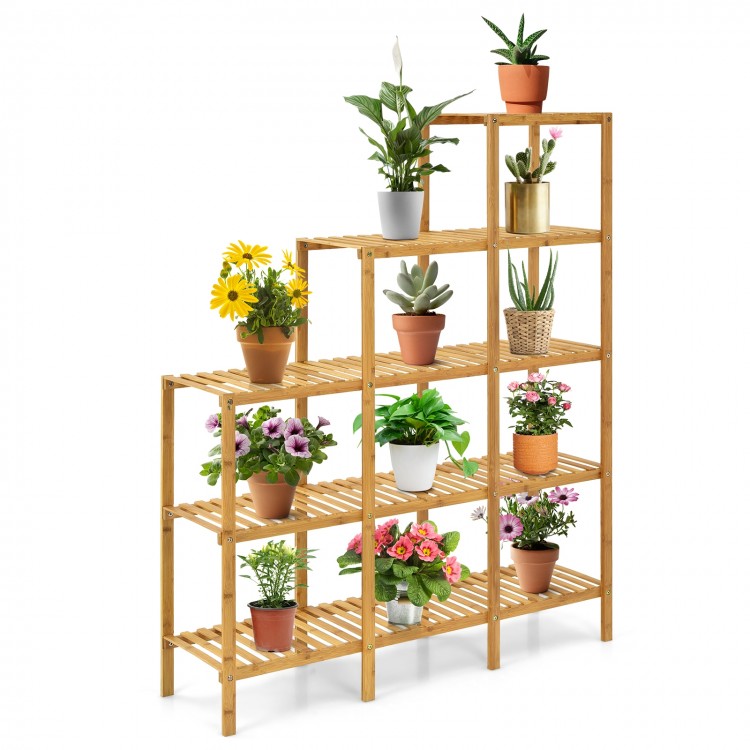 Multifunctional bamboo plant shelf display organizer with 5-tier design, perfect for indoor and outdoor plant storage.