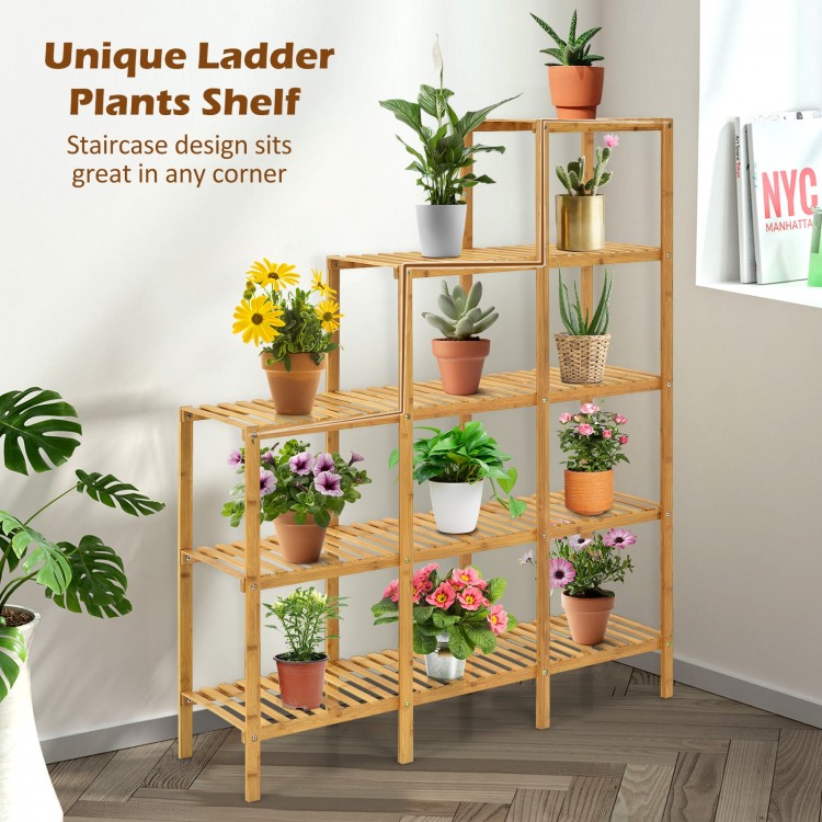 Multifunctional bamboo plant shelf with 5-tier design, perfect for displaying plants in any corner of your home.