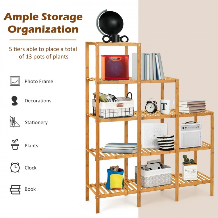 Multifunctional bamboo plant shelf organizer with 5 tiers, perfect for displaying plants and decorations in any room.