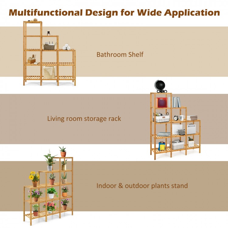 5-tier multifunctional bamboo plant shelf organizer for indoor and outdoor use, perfect for storage in various spaces.