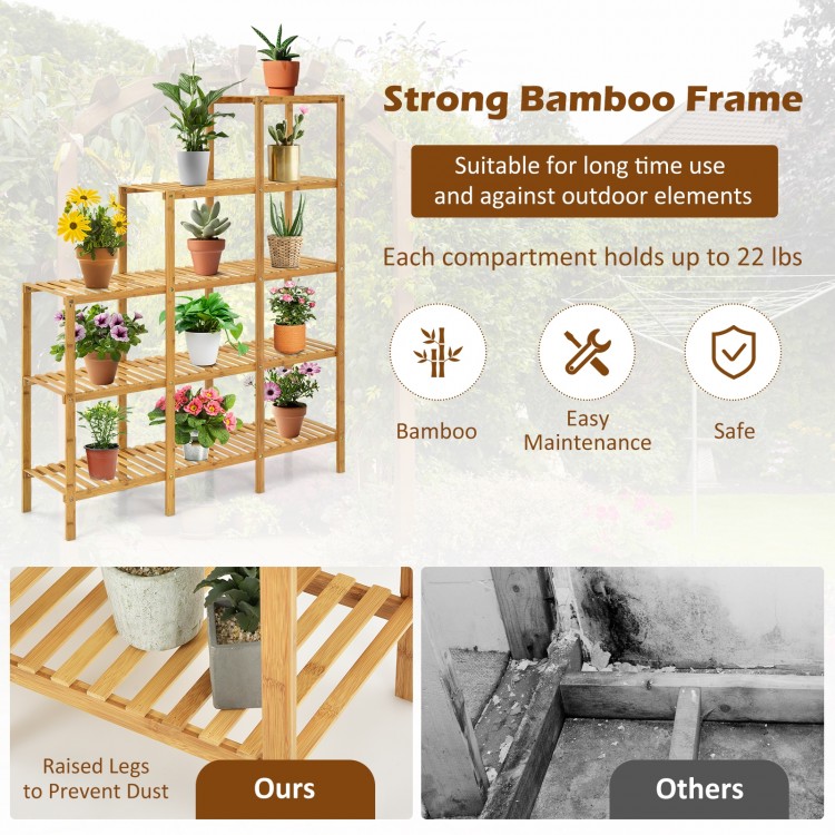 Multifunctional bamboo plant shelf display organizer with 5 tiers, durable construction, perfect for indoor and outdoor.