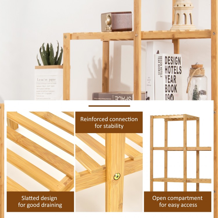 Multifunctional bamboo plant shelf organizer with 5-tier design, slatted shelves for drainage, ideal for home use.