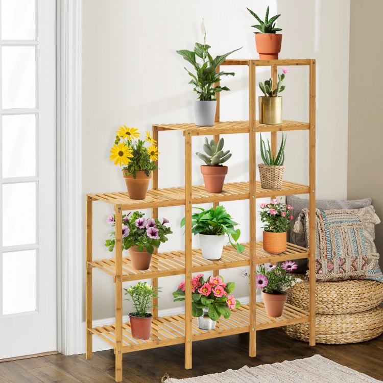5-tier multifunctional bamboo plant shelf organizer displaying various potted plants, perfect for indoor use.
