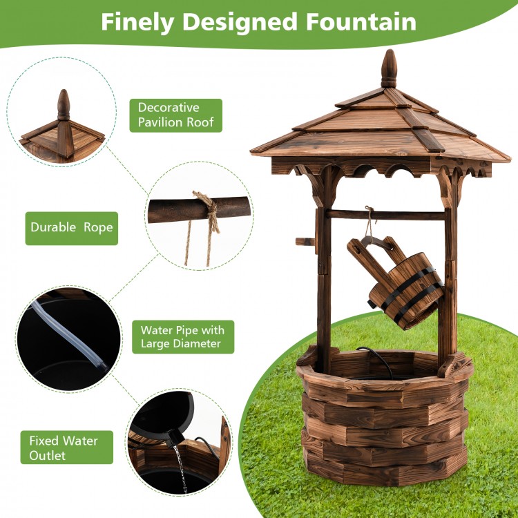 Wooden patio water fountain with decorative pavilion roof, electric pump, and large capacity bucket for outdoor use.