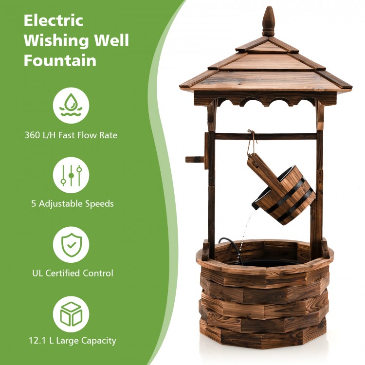 Patio wooden water fountain with electric pump, featuring a detachable bucket and 5 adjustable flow rates for outdoor.