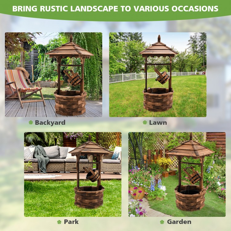 Patio wooden water fountain in brown with electric pump, showcasing rustic design for garden, park, lawn, or backyard.