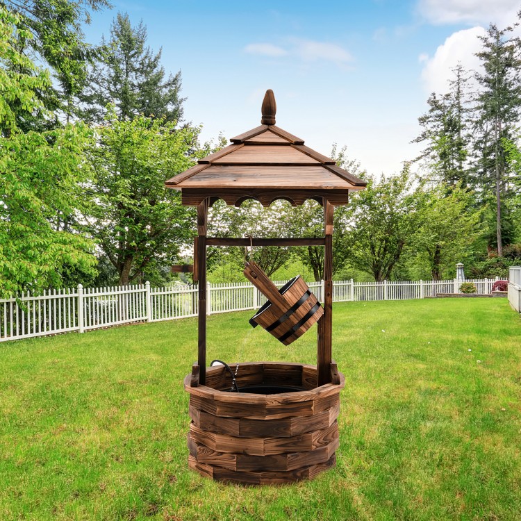 Wooden water fountain with electric pump, brown finish, featuring a detachable bucket and decorative pavilion for.