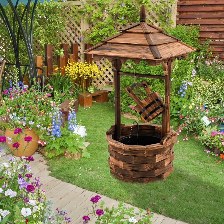 Wooden water fountain with electric pump, brown carbonized fir, decorative pavilion, ideal for outdoor gardens.