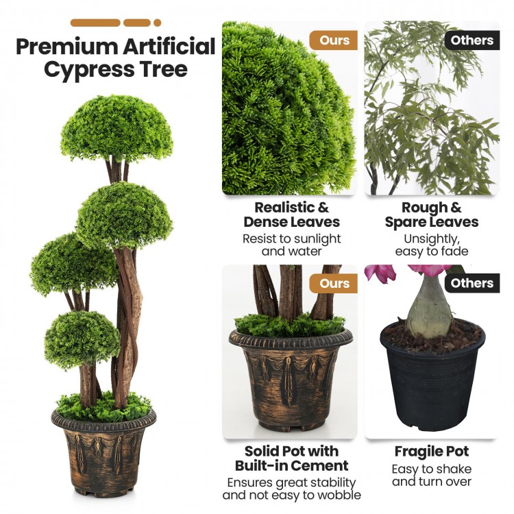 3 feet decorative artificial cedar topiary tree with rattan trunk, realistic PE leaves, stable cement-filled pot for.