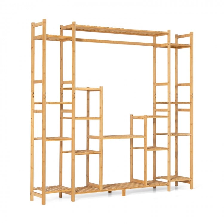 9-tier bamboo plant stand with hanging rack, featuring hollowed shelves for drainage and a raised design for easy.