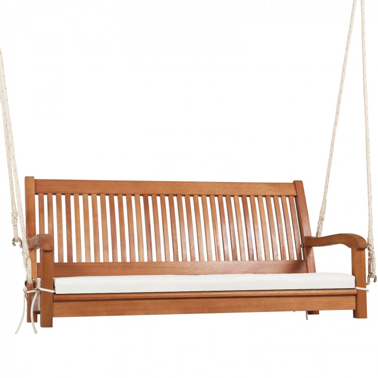 2-person hanging porch swing bench with solid wood frame and cushion, featuring a curved backrest for comfort.