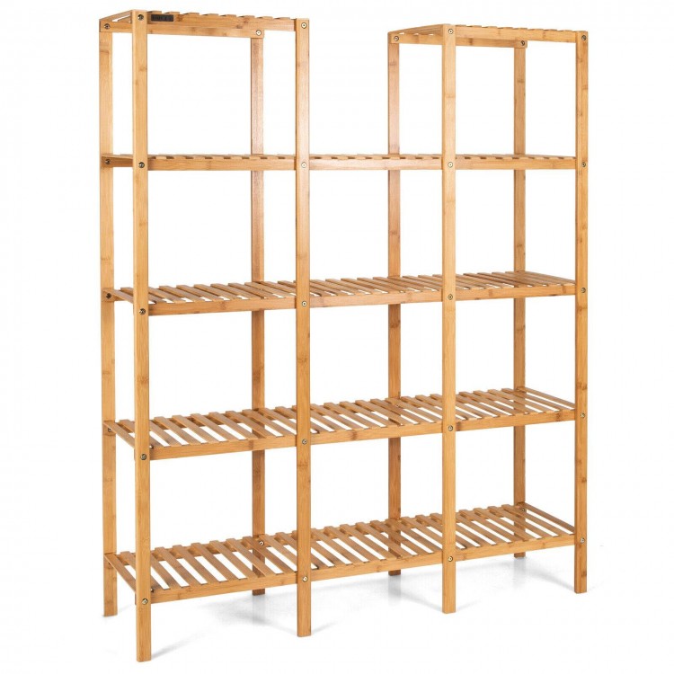 Five-tier bamboo shelf with 12 cubes for displaying plants, books, and ornaments, perfect for any room decor.
