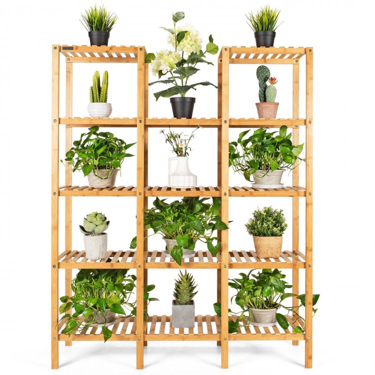 Five-tier bamboo shelf displaying 12 potted plants, perfect for living room or balcony decoration.