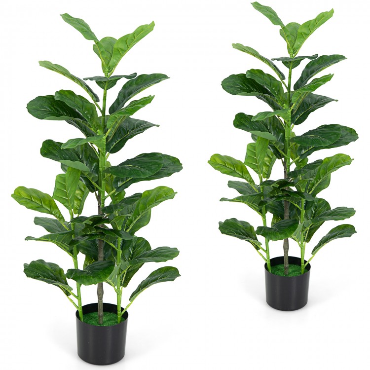 Two-pack artificial fiddle leaf fig trees in sturdy pots, featuring vibrant green leaves for indoor and outdoor decor.