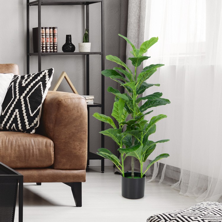Artificial fiddle leaf fig tree in a black pot, featuring 100 large leaves, perfect for indoor decoration without.