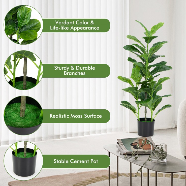 Artificial fiddle leaf fig tree in a cement pot, featuring 100 large leaves for vibrant indoor and outdoor decor.