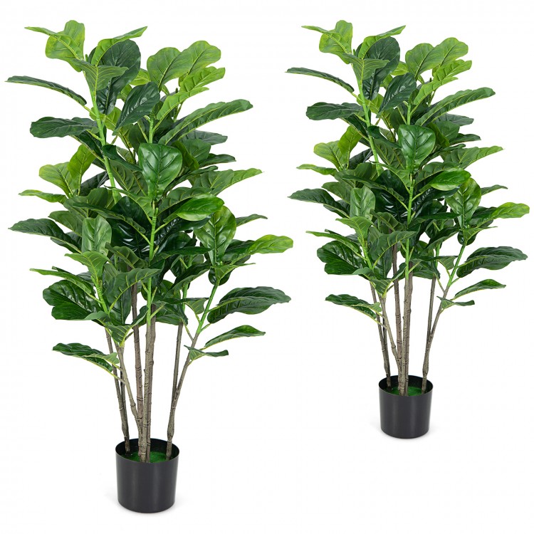 Two 51-inch artificial fiddle leaf fig trees in black pots, featuring vibrant green leaves for indoor and outdoor decor.