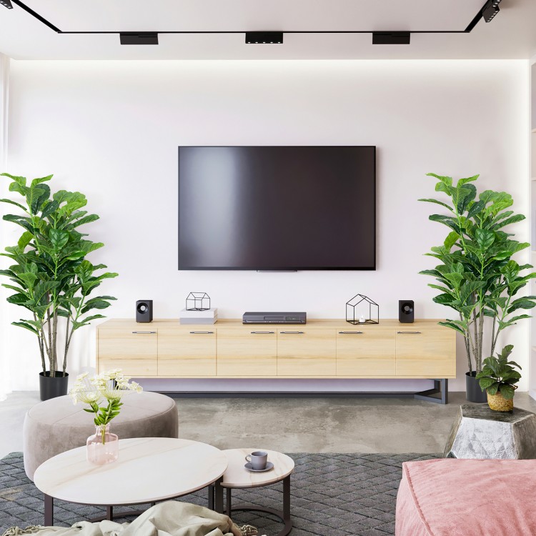 Artificial fiddle leaf fig trees in stylish pots, featuring lush green leaves, perfect for indoor or outdoor decor.