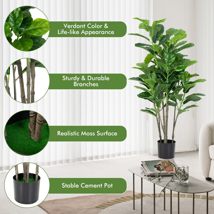 Artificial fiddle leaf fig tree in a cement pot, featuring 100 large leaves for vibrant indoor and outdoor decor.