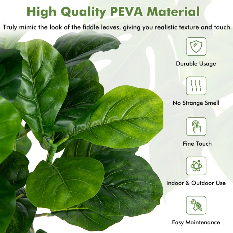 Close-up of the 51-inch artificial fiddle leaf fig tree made of durable PEVA material, ideal for indoor and outdoor use.