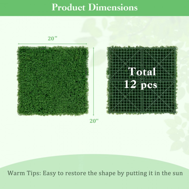 Product dimensions of 12 pieces of 20 x 20 inches artificial grass wall panels in green for garden and balcony use.