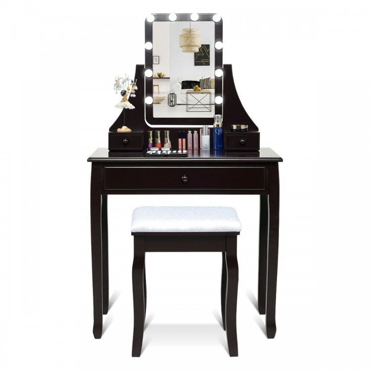Brown vanity table set with 10 LED lighted mirror, 3 drawers, and cushioned stool for elegant dressing space.