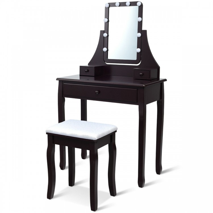 Elegant brown vanity table set with 10 LED lights, 3 drawers, and cushioned stool for makeup or writing.