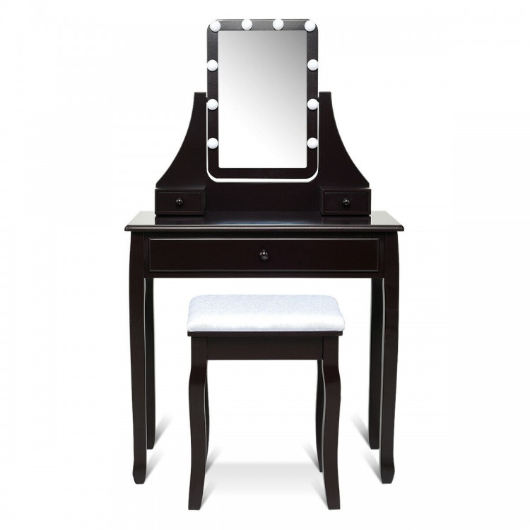 Elegant brown vanity table set with 10 LED lighted mirror, 3 drawers, and cushioned stool for stylish makeup.