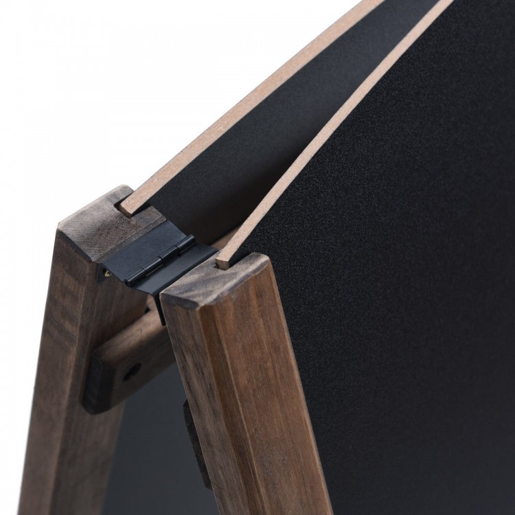 Close-up of the hinge detail on the 31.5 Inch Wood A-Frame Sidewalk Signage Chalkboard, featuring solid MDF.