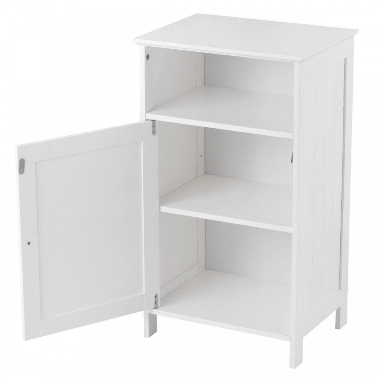 White freestanding storage cabinet featuring three shelves and an open cube design, ideal for versatile organization in.