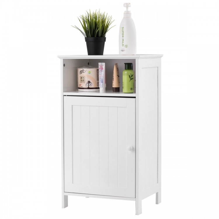 Freestanding white bathroom storage cabinet with adjustable shelf and open cube for organized storage in any room.