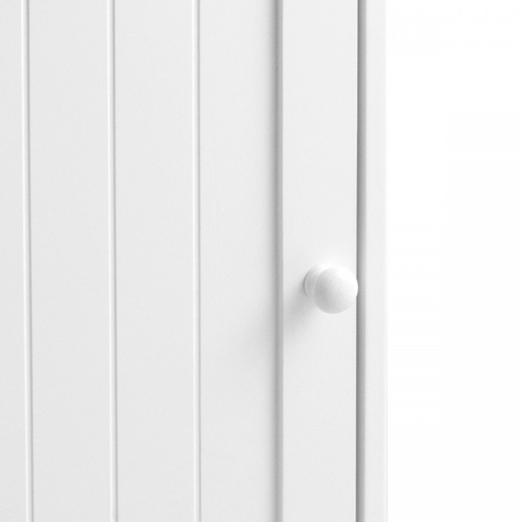 Close-up of the white bathroom storage cabinet's door and knob, featuring MDF construction and an adjustable shelf.